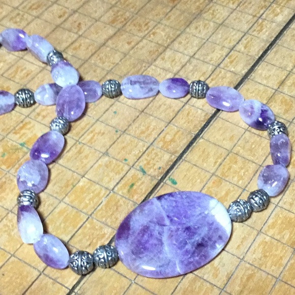 Semiprecious Charoite Stone Amethyst Crystal Necklace 19.5”L EVC 925 Claw Clasp - Picture 5 of 12
